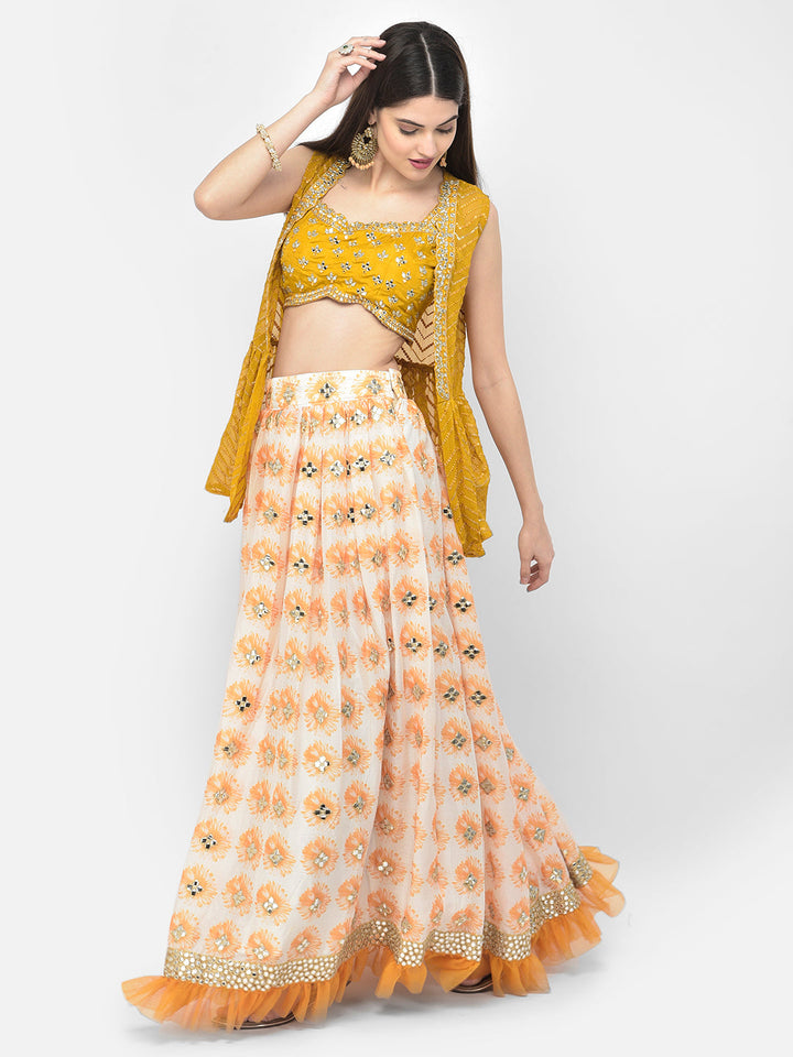 Neerus Yellow georgette embroidered suit set - front view