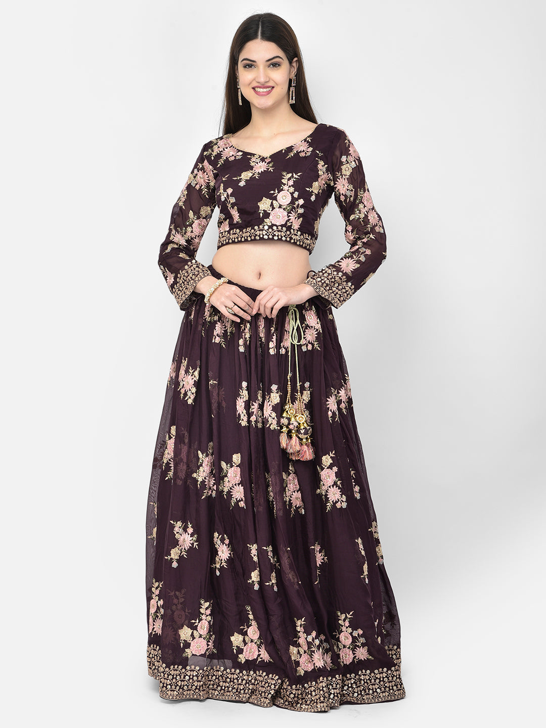 Neerus Maroon georgette embroidered lehenga set - detail view 4