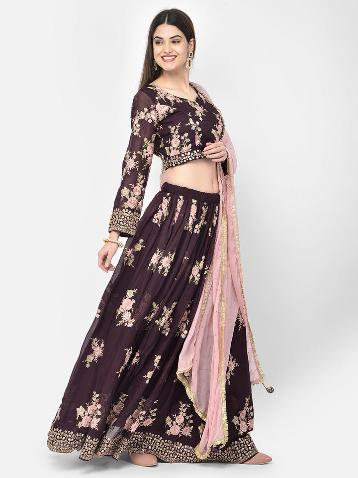 Neerus Maroon georgette embroidered lehenga set - front view