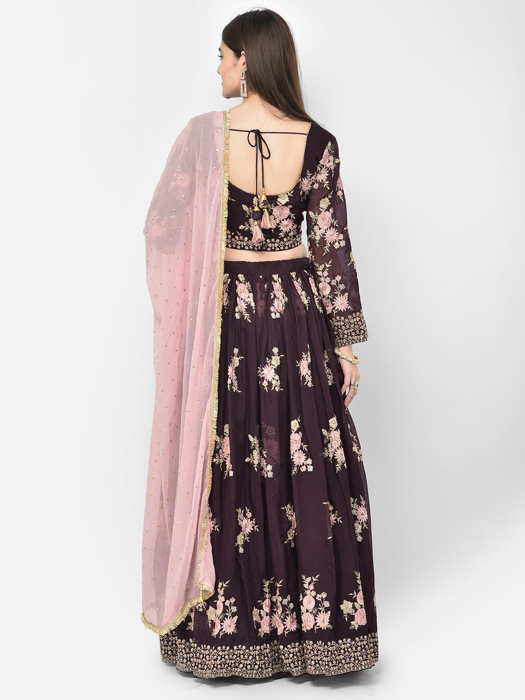 Neerus Maroon georgette embroidered lehenga set - back view