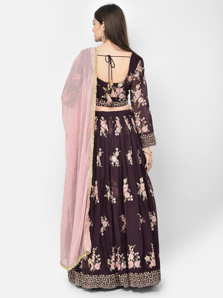 Neerus Maroon georgette embroidered lehenga set - back view