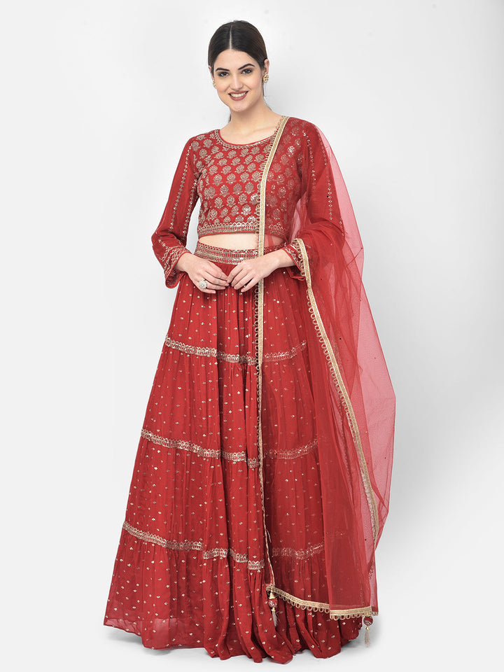 Neerus Red georgette embellished lehenga choli set - detail view 4
