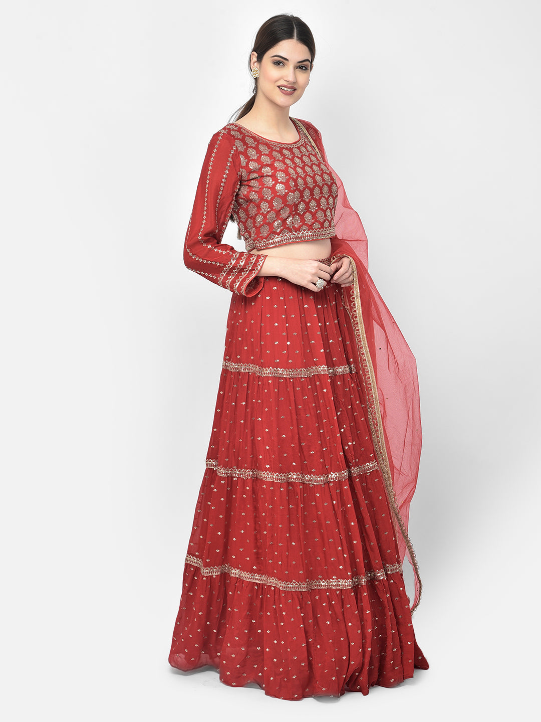 Neerus Red georgette embellished lehenga choli set - front view