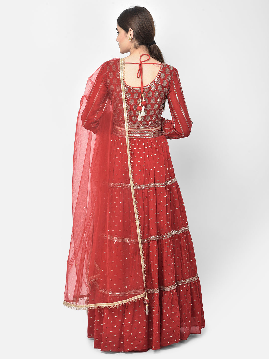 Neerus Red georgette embellished lehenga choli set - back view