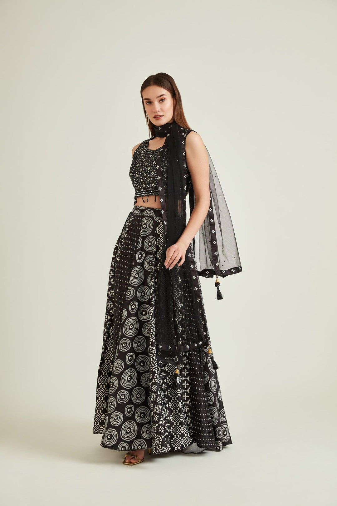 Neerus Black satin mirror work lehenga set - back view