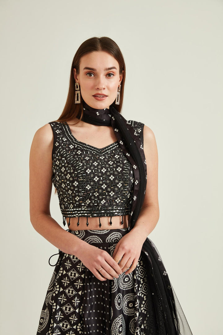 Neerus Black satin mirror work lehenga set - detail view 1