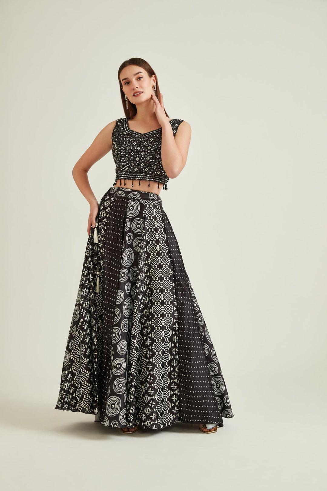 Neerus Black satin mirror work lehenga set - front view