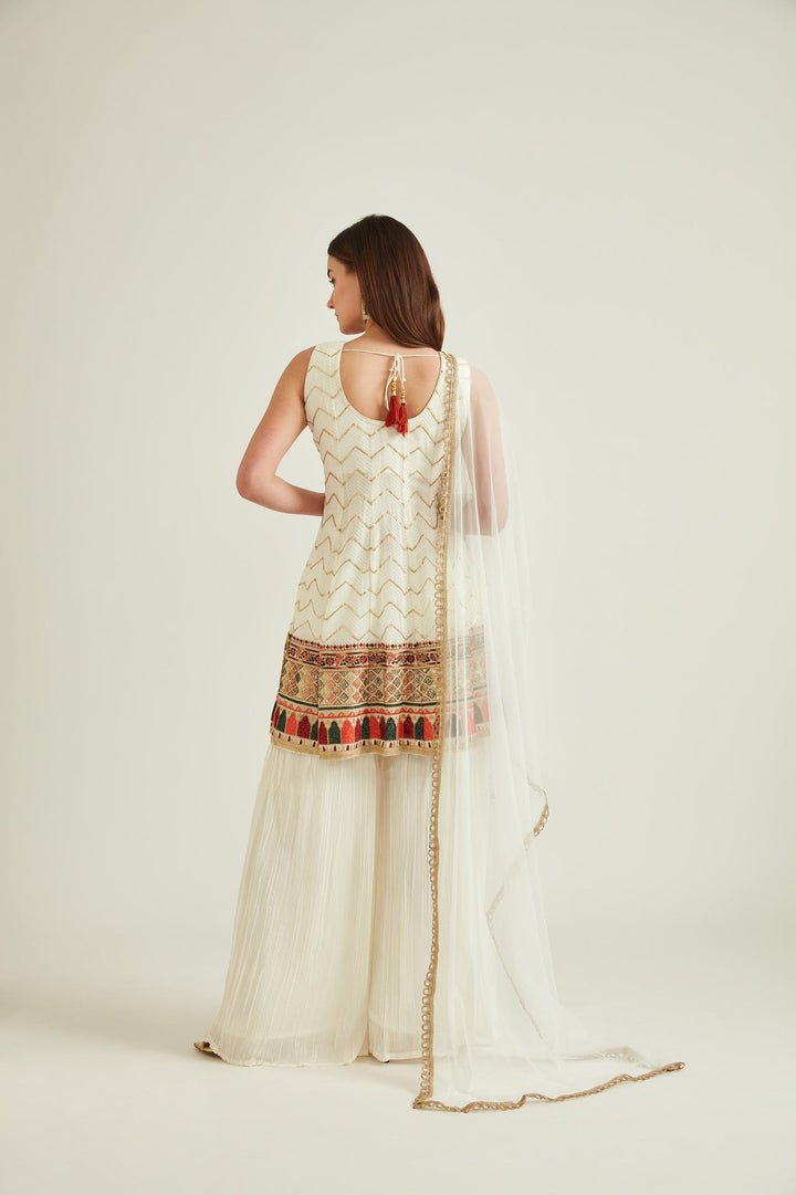 Neerus White georgette embroidered kurta set with sharara and dupatta - back view