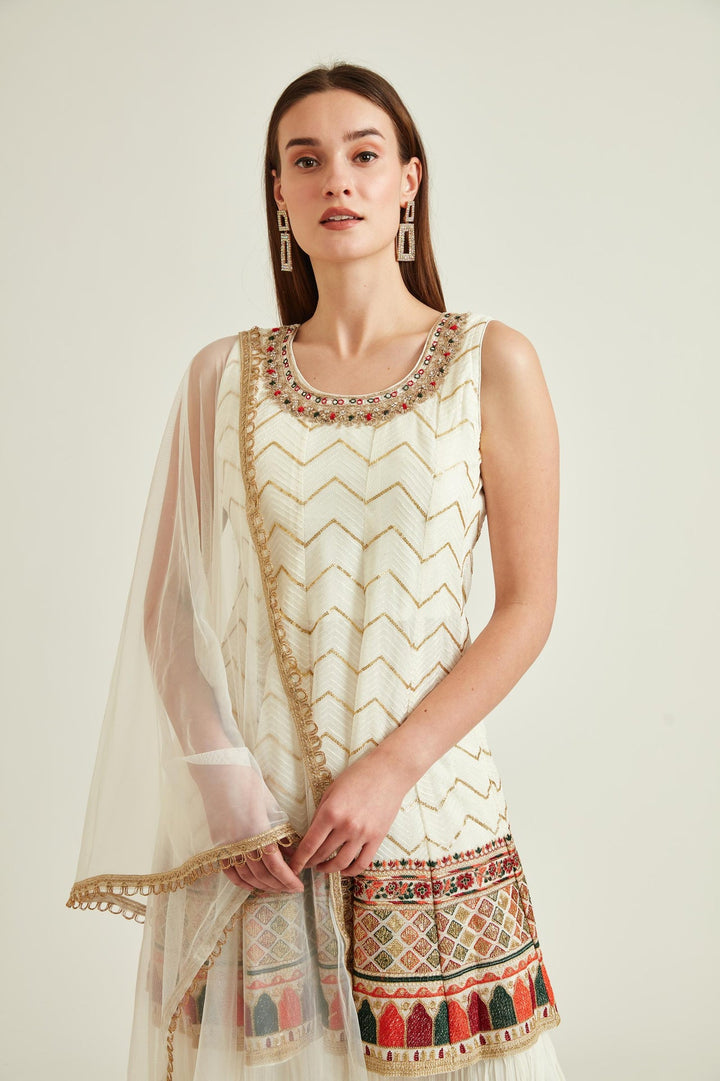 Neerus White georgette embroidered kurta set with sharara and dupatta - side view