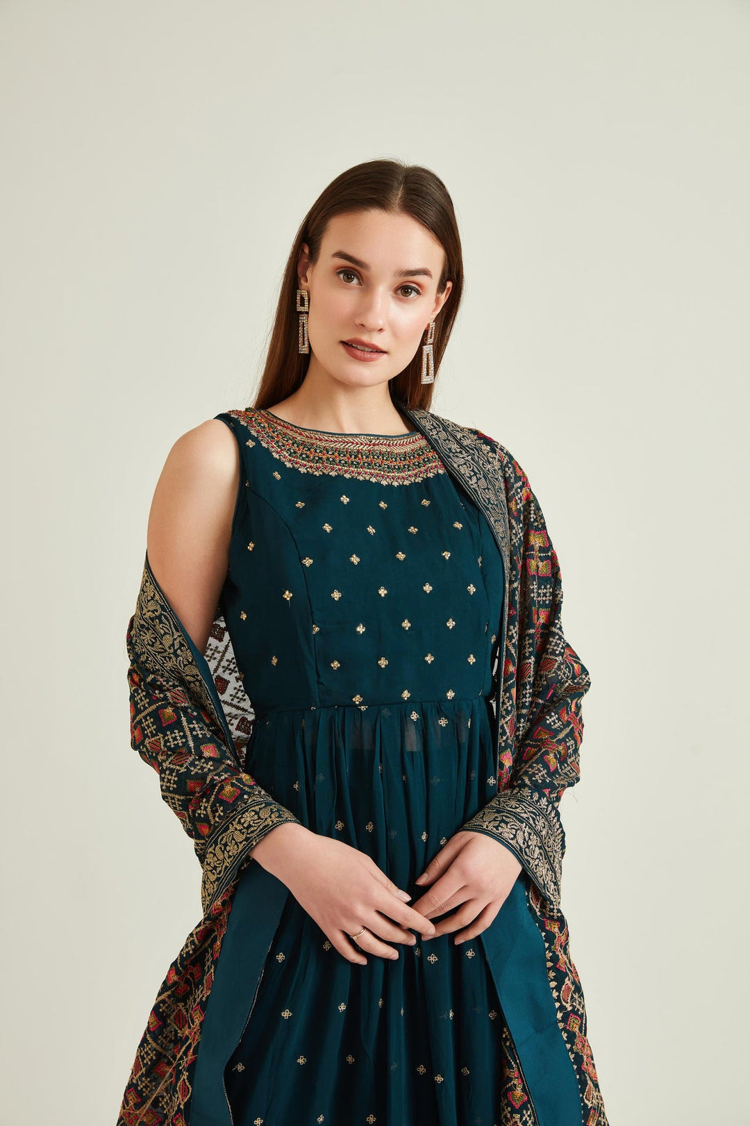 Neerus Blue georgette embellished kurta set - detail view 1