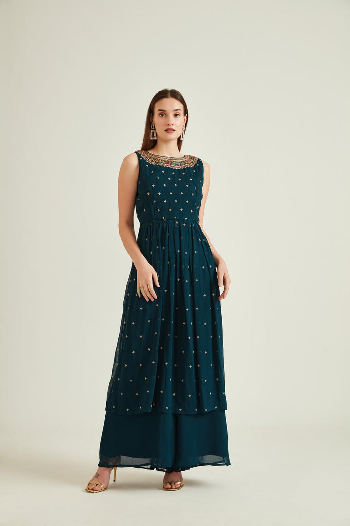 Neerus Blue georgette embellished kurta set - front view