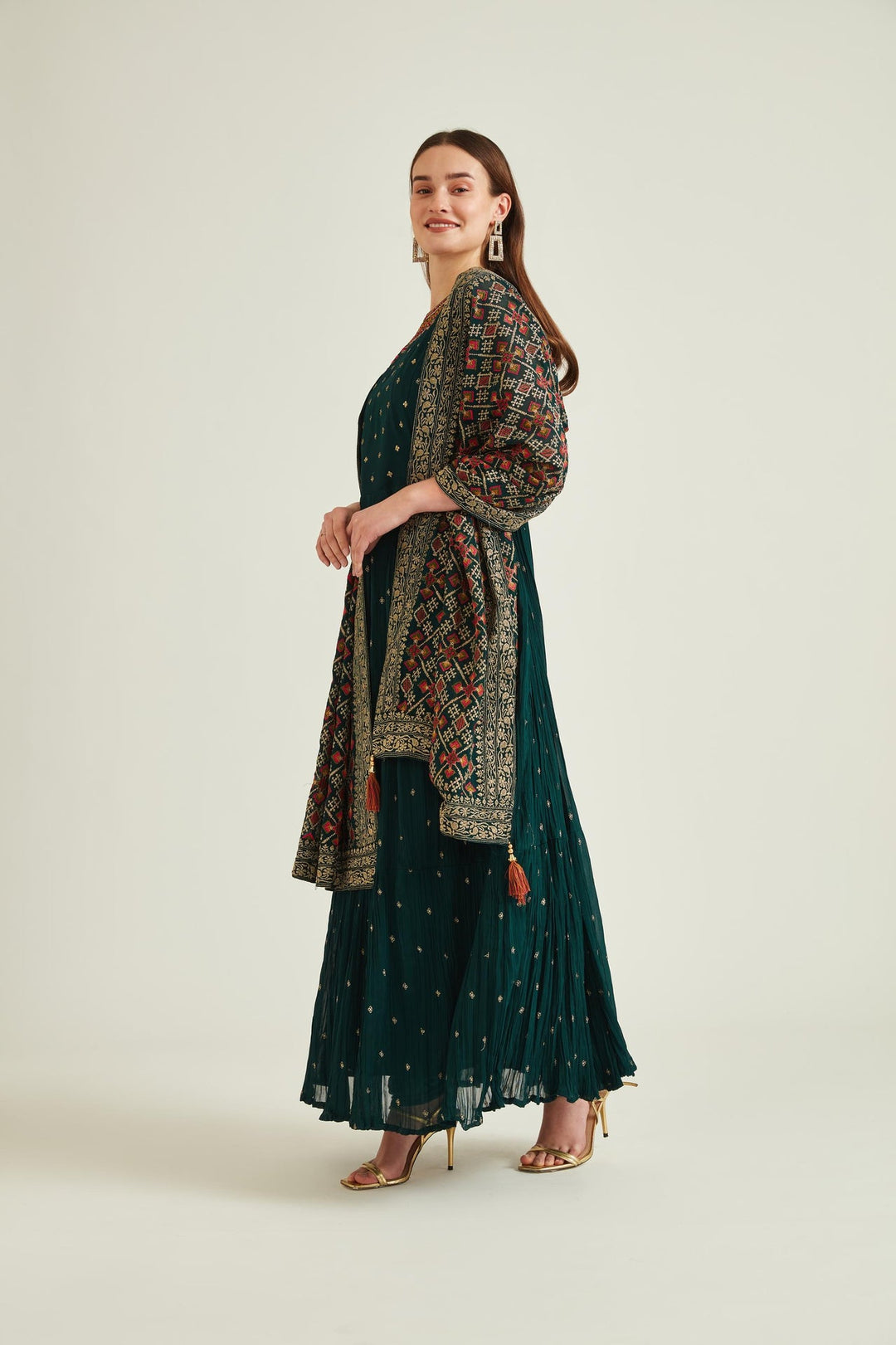 Neerus Green georgette mirror work anarkali kurta set - front view