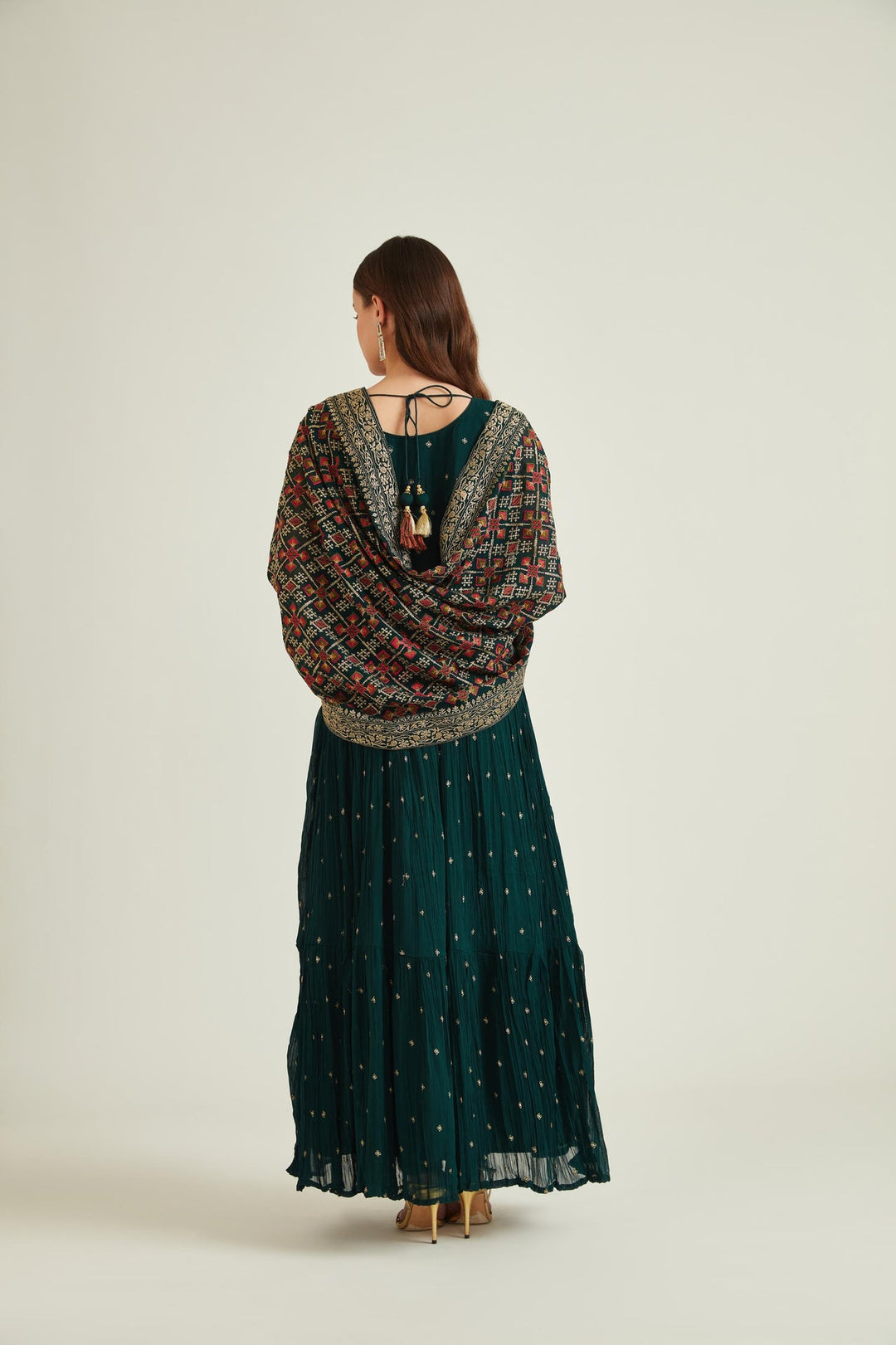 Neerus Green georgette mirror work anarkali kurta set - back view