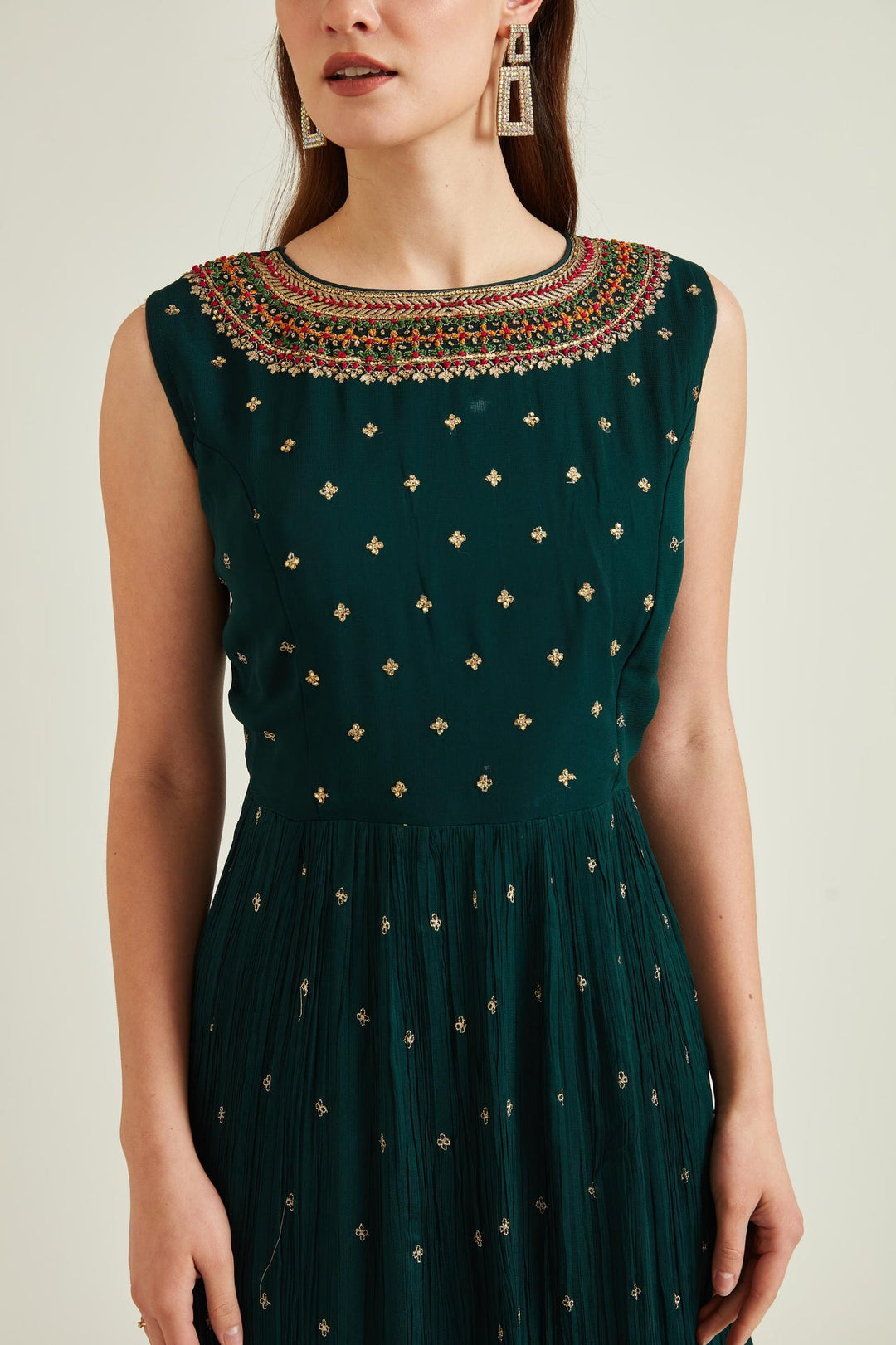 Neerus Green georgette mirror work anarkali kurta set - side view