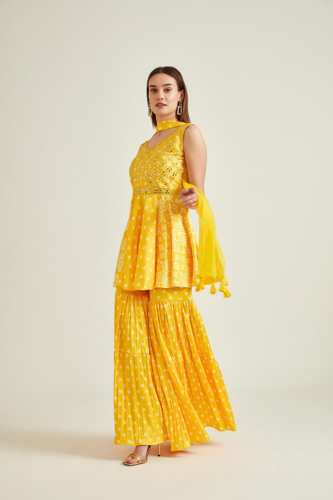 Neerus Yellow satin straight kurta set - front view