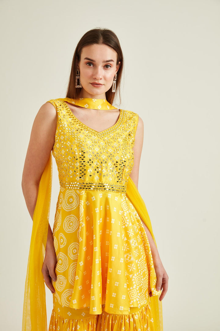Neerus Yellow satin straight kurta set - side view
