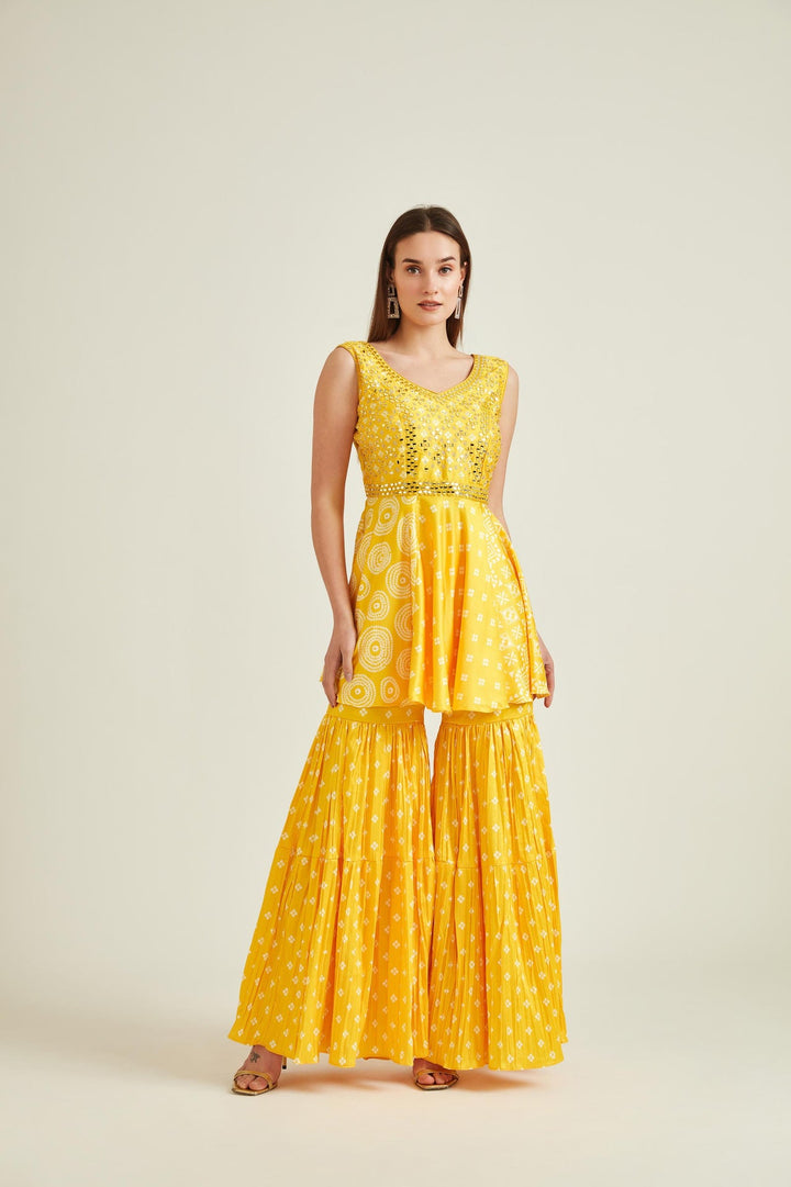 Neerus Yellow satin straight kurta set - detail view 1