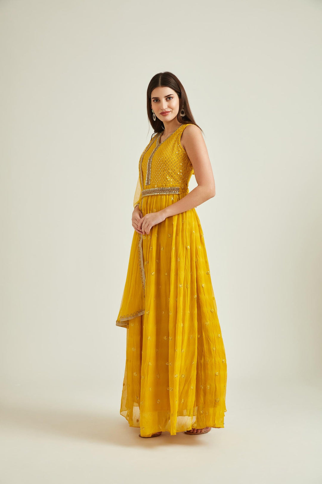 Neerus Yellow georgette embellished Anarkali kurta set - front view