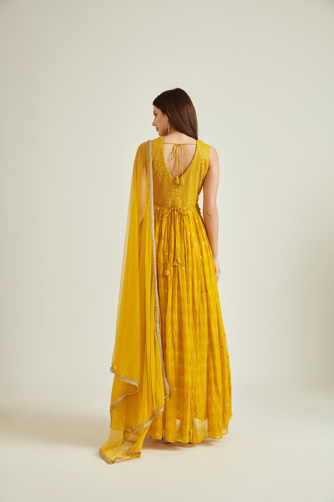 Neerus Yellow georgette embellished Anarkali kurta set - back view