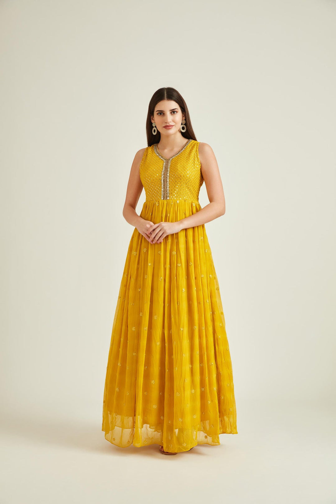 Neerus Yellow georgette embellished Anarkali kurta set - detail view 1