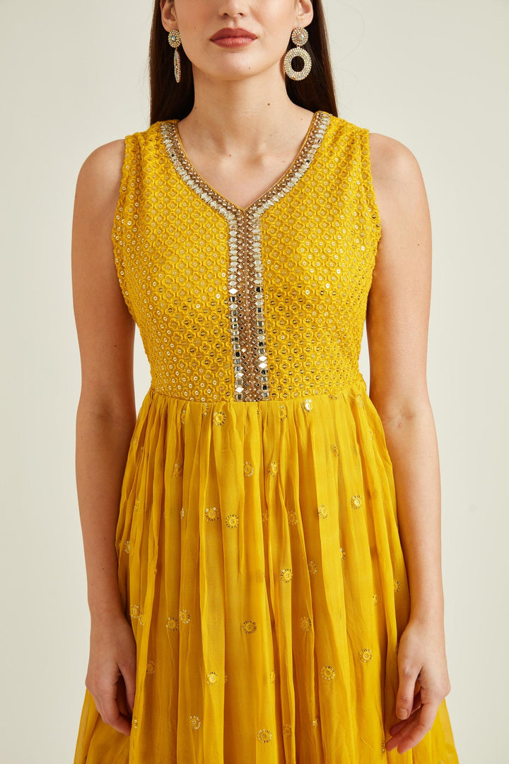 Neerus Yellow georgette embellished Anarkali kurta set - detail view 2