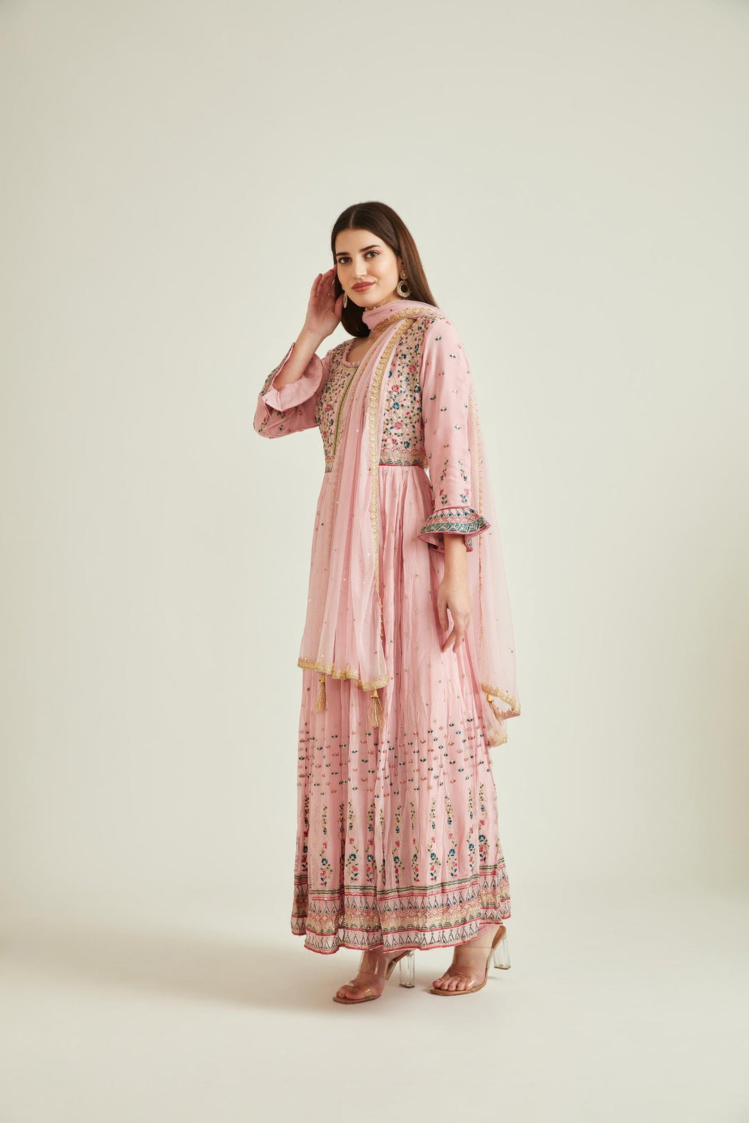 Neerus Pink georgette mirror work tiered gown - front view