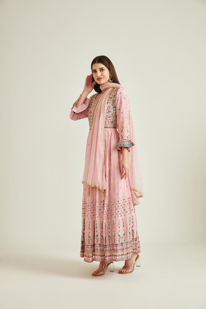 Neerus Pink georgette mirror work tiered gown - front view