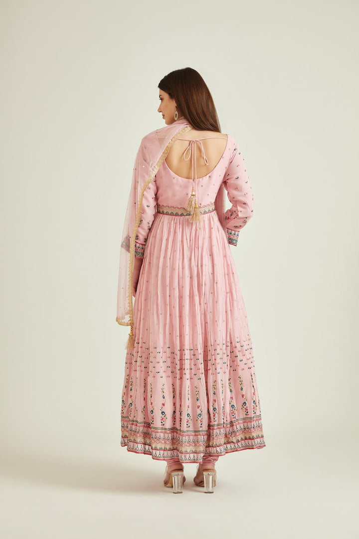 Neerus Pink georgette mirror work tiered gown - back view