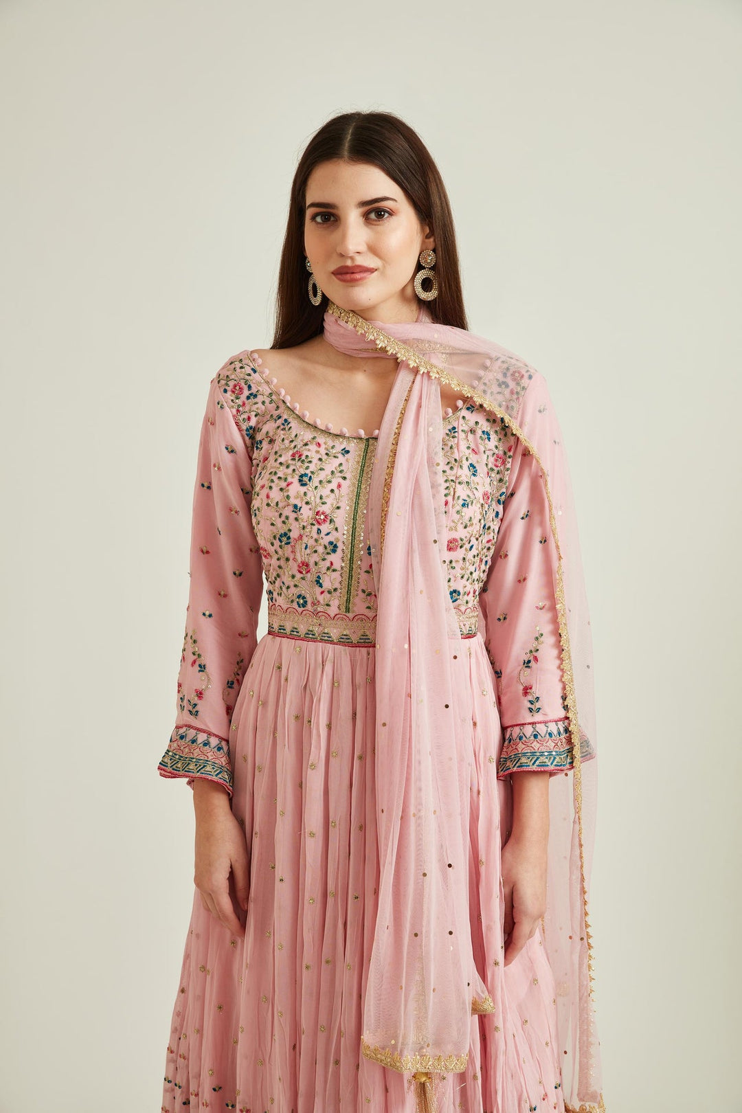 Neerus Pink georgette mirror work tiered gown - side view
