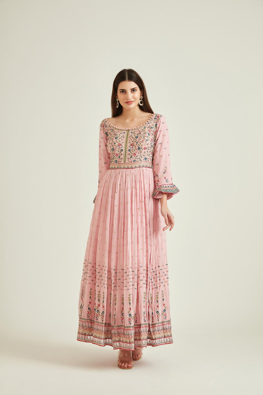 Neerus Pink georgette mirror work tiered gown - detail view 1