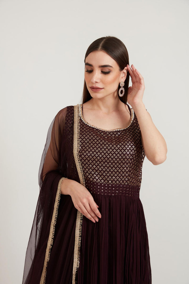 Neerus Maroon georgette anarkali suit set - back view