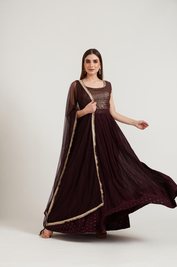 Neerus Maroon georgette anarkali suit set - detail view 1