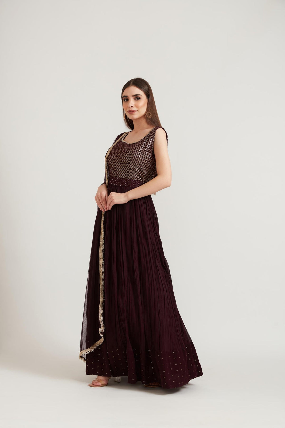 Neerus Maroon georgette anarkali suit set - detail view 2