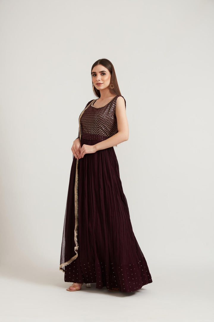 Neerus Maroon georgette anarkali suit set - detail view 2