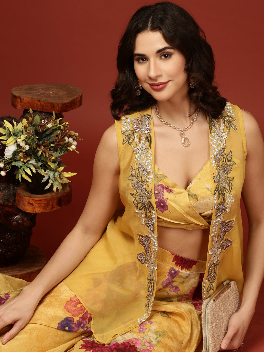 Neerus Yellow organza crop top palazzo set - detail view 2