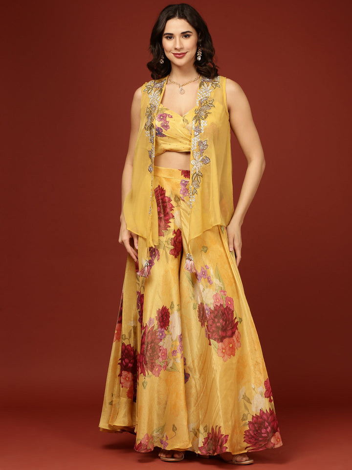 Neerus Yellow organza crop top palazzo set - front view