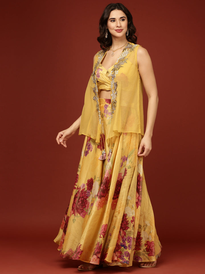 Neerus Yellow organza crop top palazzo set - back view