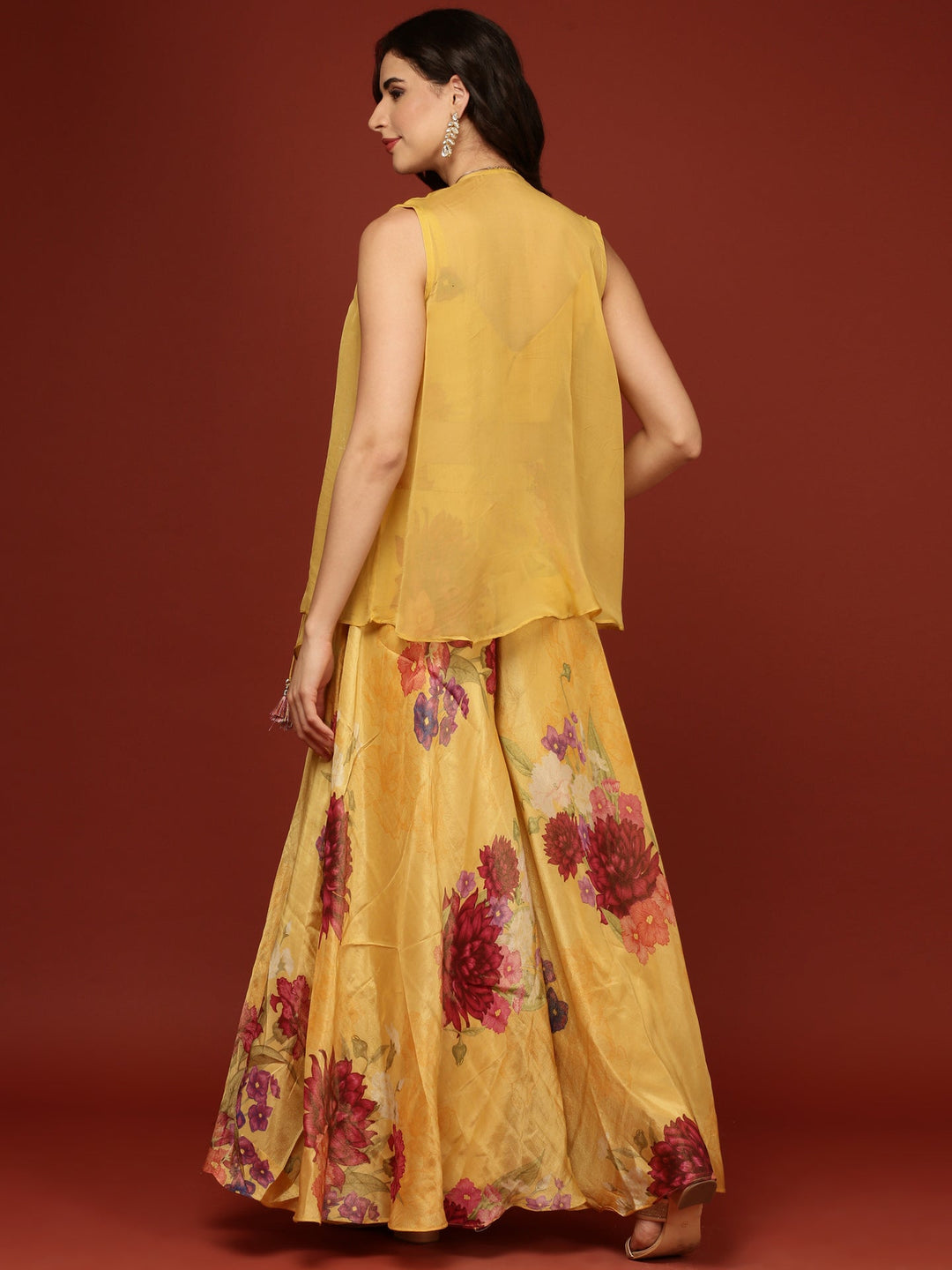Neerus Yellow organza crop top palazzo set - side view