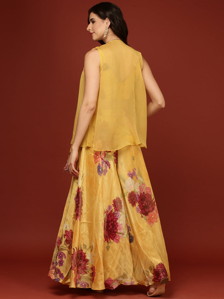 Neerus Yellow organza crop top palazzo set - side view