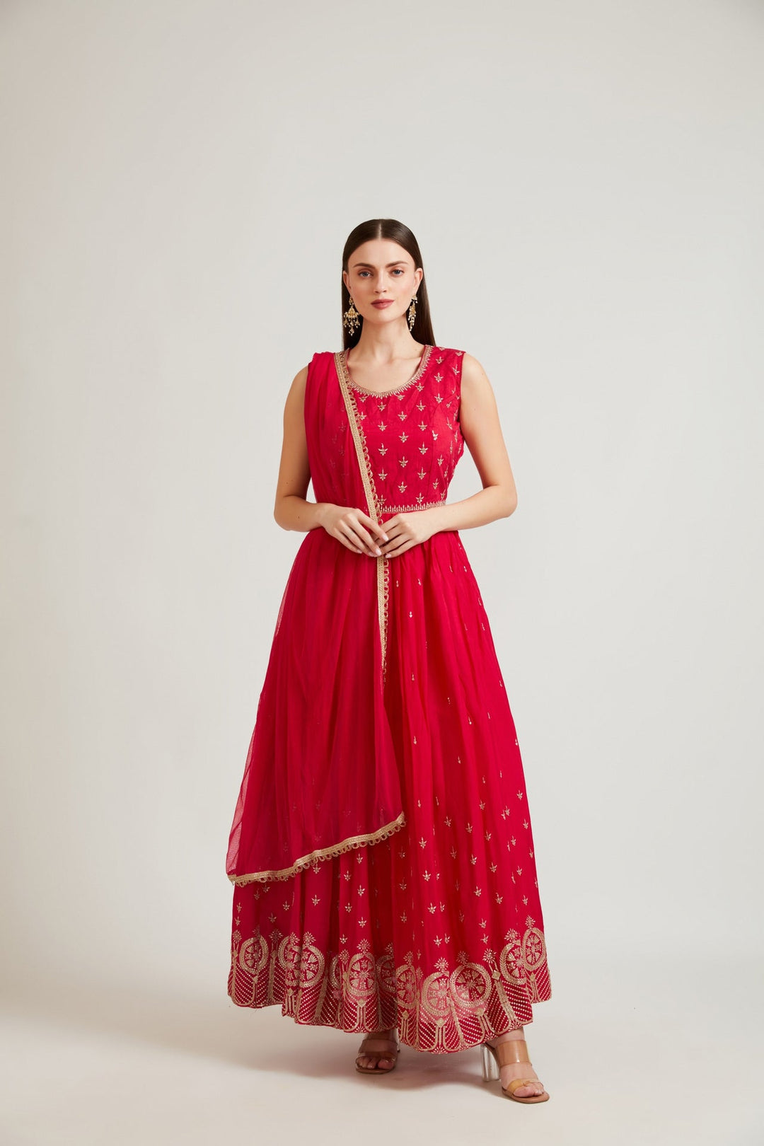 Neerus Pink chiffon embroidered anarkali suit set - front view