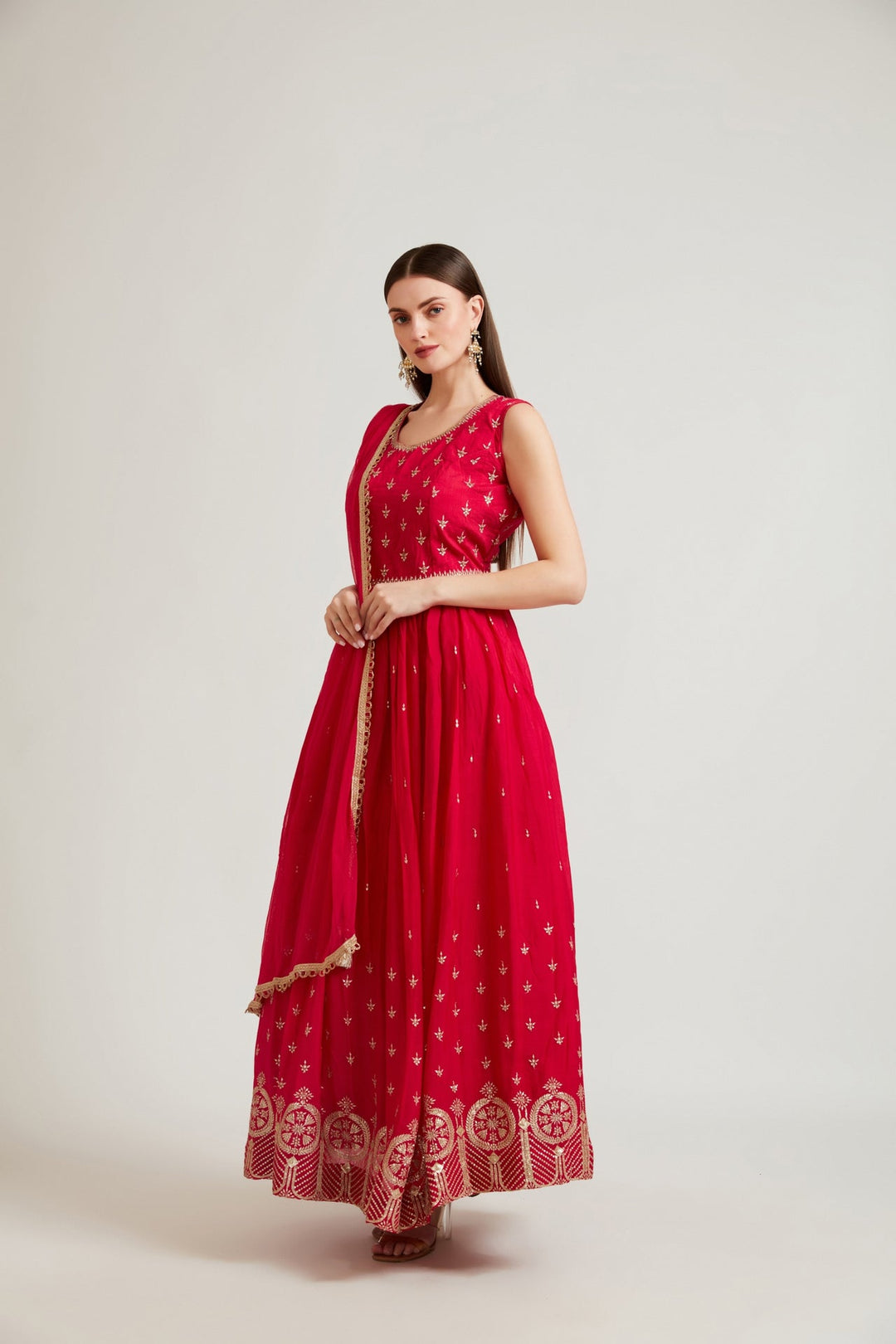 Neerus Pink chiffon embroidered anarkali suit set - back view