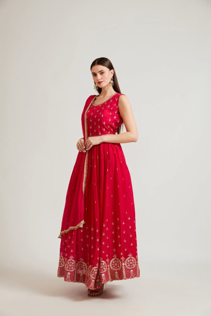 Neerus Pink chiffon embroidered anarkali suit set - back view