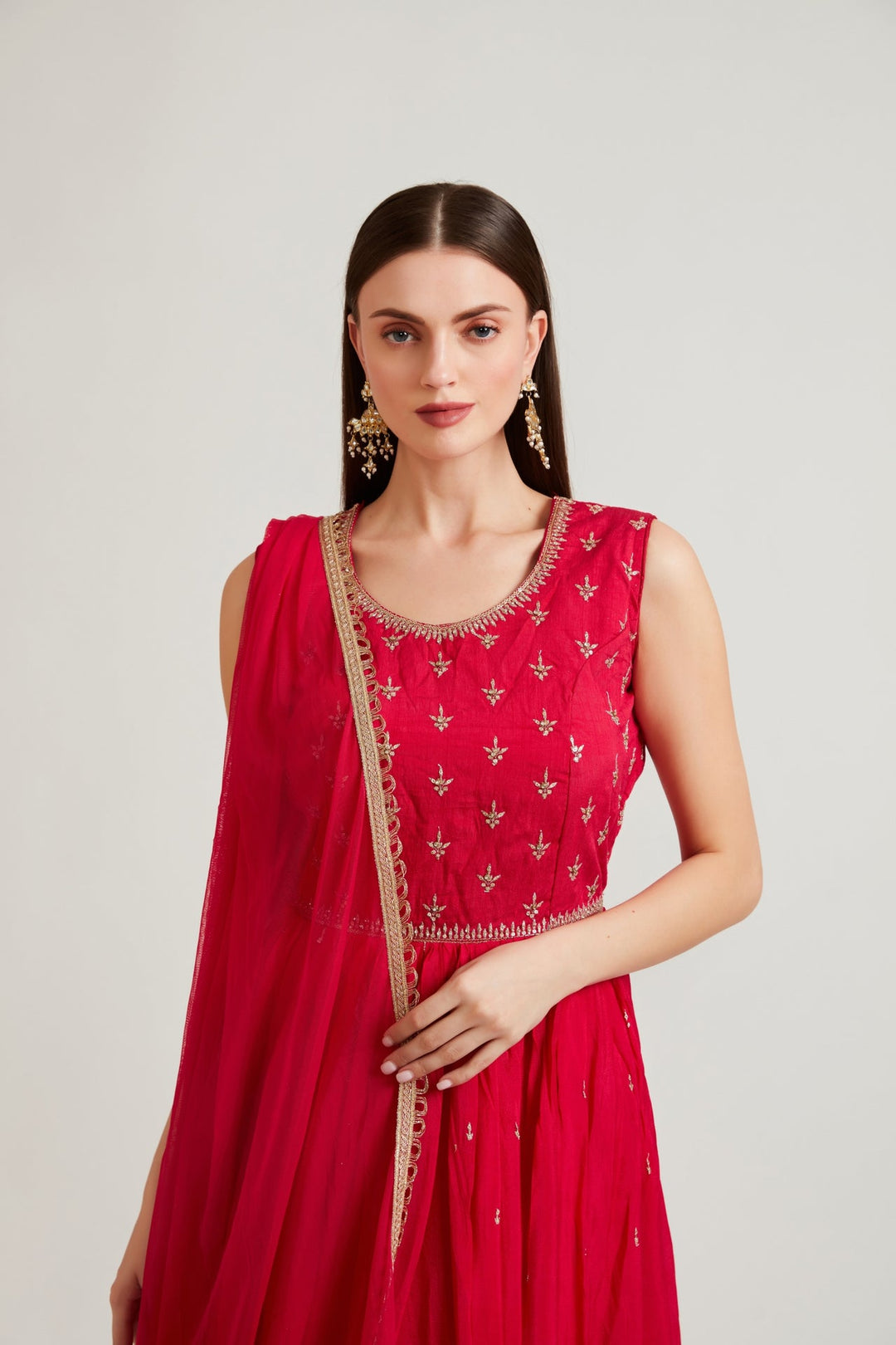 Neerus Pink chiffon embroidered anarkali suit set - detail view 1