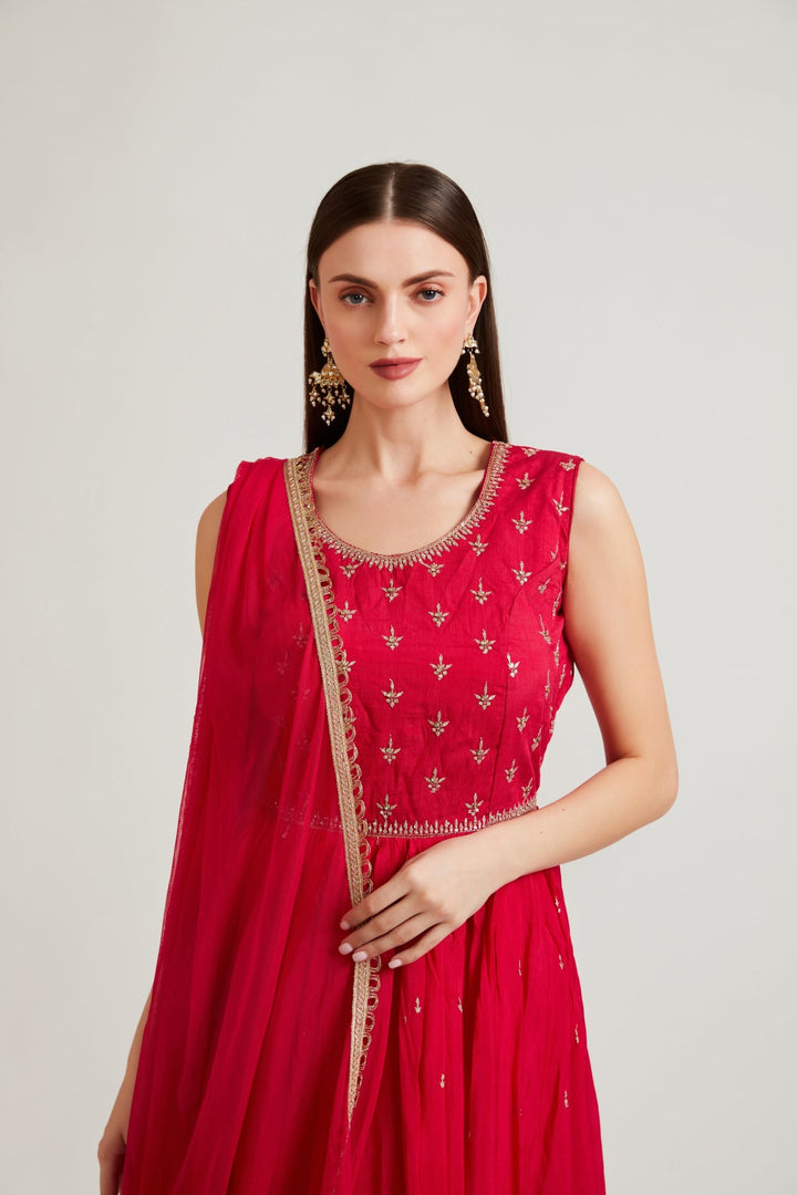 Neerus Pink chiffon embroidered anarkali suit set - detail view 1