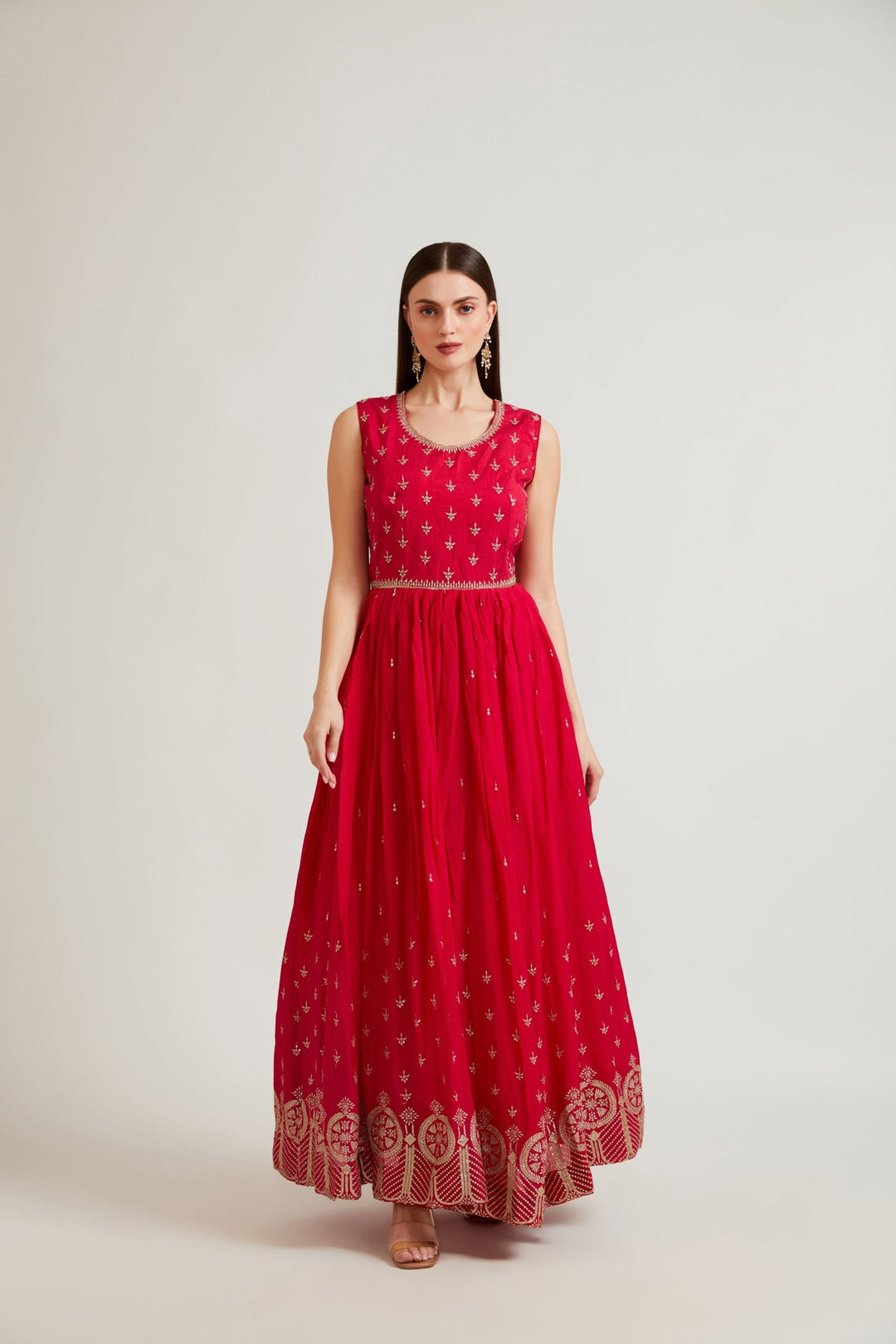 Neerus Pink chiffon embroidered anarkali suit set - detail view 2