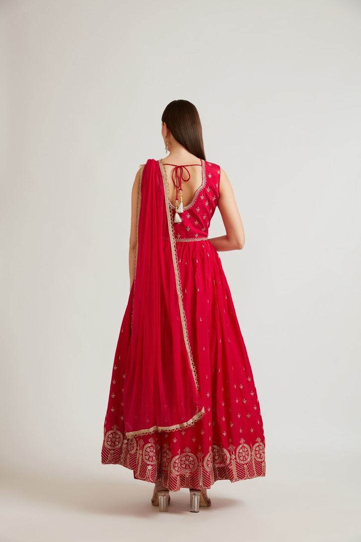 Neerus Pink chiffon embroidered anarkali suit set - side view