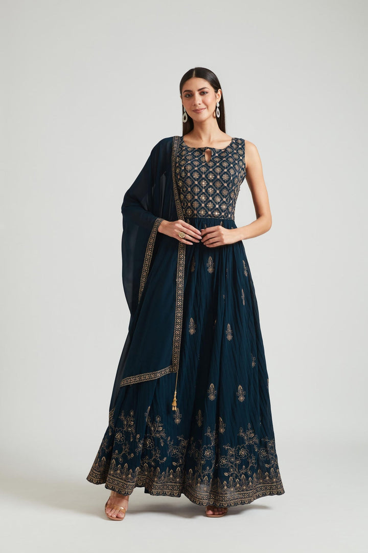 Neerus Blue Georgette Gown - front view