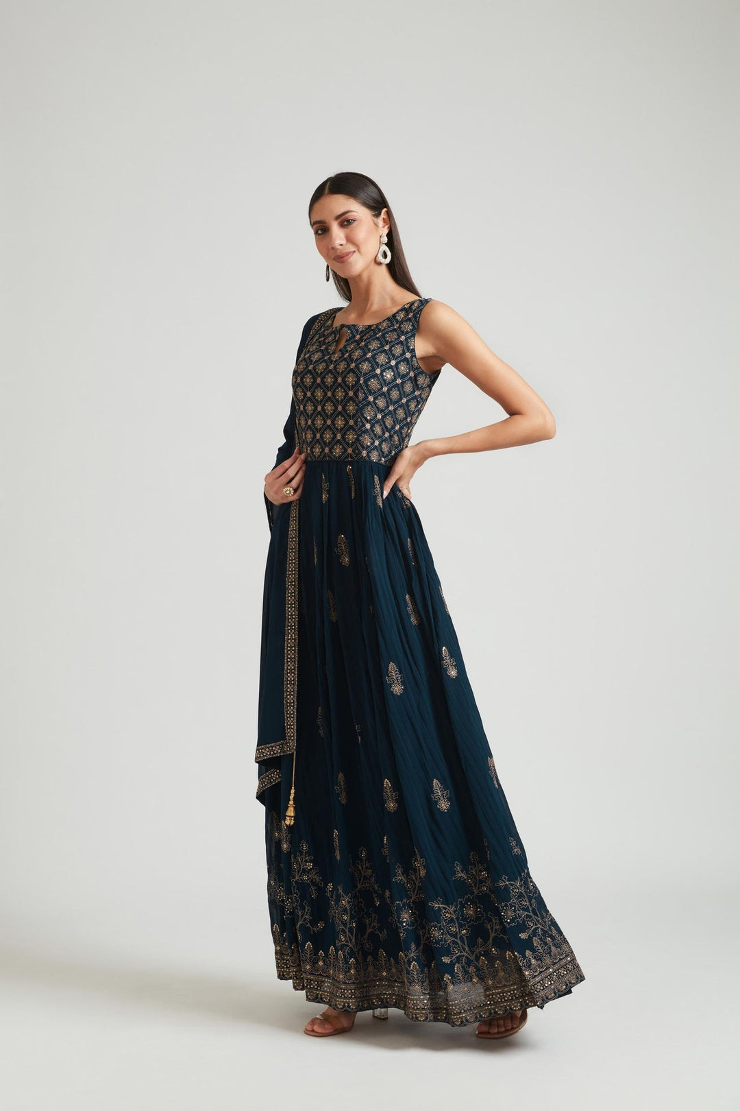 Neerus Blue Georgette Gown - back view