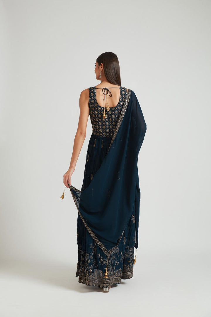 Neerus Blue Georgette Gown - side view