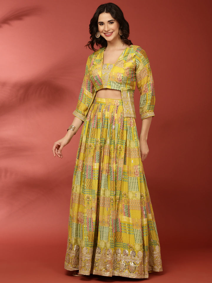 Neerus Green crepe printed lehenga set - side view